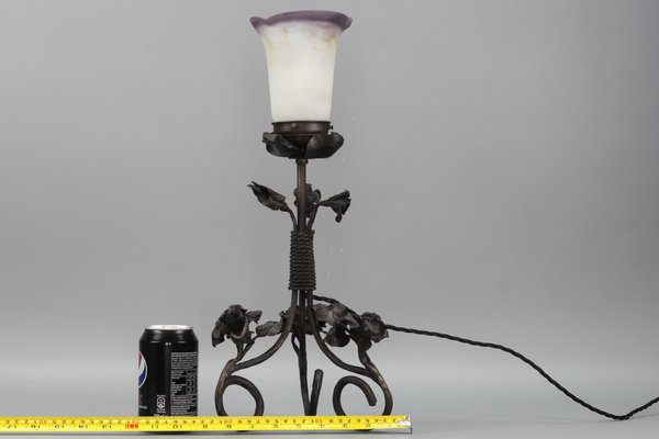 French Art Nouveau Wrought Iron & Pâte De Verre Glass Table Lamp with Roses, 1930s-KEG-1382538