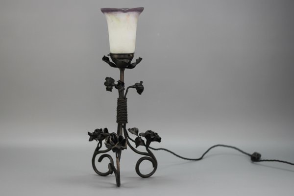 French Art Nouveau Wrought Iron & Pâte De Verre Glass Table Lamp with Roses, 1930s-KEG-1382538