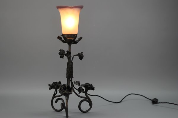 French Art Nouveau Wrought Iron & Pâte De Verre Glass Table Lamp with Roses, 1930s-KEG-1382538