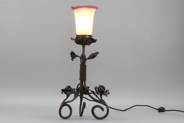 French Art Nouveau Wrought Iron & Pâte De Verre Glass Table Lamp with Roses, 1930s-KEG-1382538