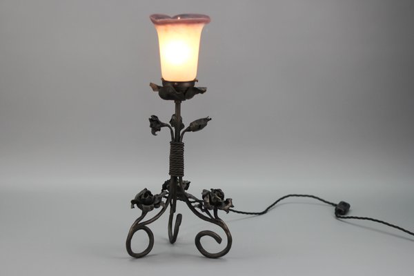 French Art Nouveau Wrought Iron & Pâte De Verre Glass Table Lamp with Roses, 1930s-KEG-1382538