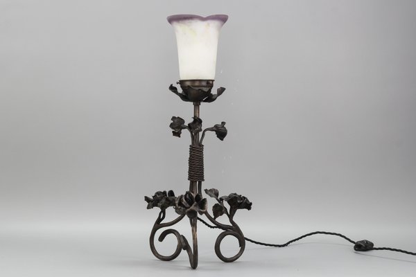 French Art Nouveau Wrought Iron & Pâte De Verre Glass Table Lamp with Roses, 1930s-KEG-1382538