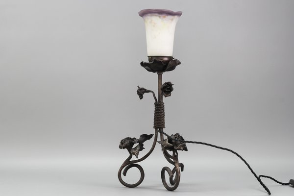 French Art Nouveau Wrought Iron & Pâte De Verre Glass Table Lamp with Roses, 1930s-KEG-1382538