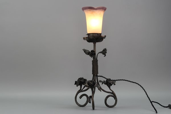 French Art Nouveau Wrought Iron & Pâte De Verre Glass Table Lamp with Roses, 1930s-KEG-1382538