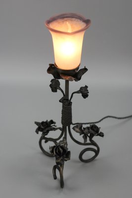 French Art Nouveau Wrought Iron & Pâte De Verre Glass Table Lamp with Roses, 1930s-KEG-1382538