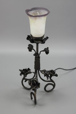 French Art Nouveau Wrought Iron & Pâte De Verre Glass Table Lamp with Roses, 1930s-KEG-1382538