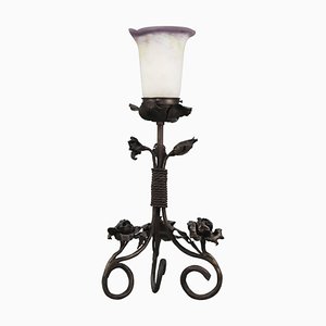 French Art Nouveau Wrought Iron & Pâte De Verre Glass Table Lamp with Roses, 1930s-KEG-1382538