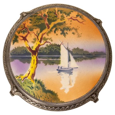 French Art Nouveau Zamac and Ceramic Lake Landscape, 1890s-RIU-2027297