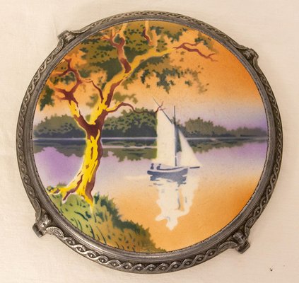 French Art Nouveau Zamac and Ceramic Lake Landscape, 1890s-RIU-2027297