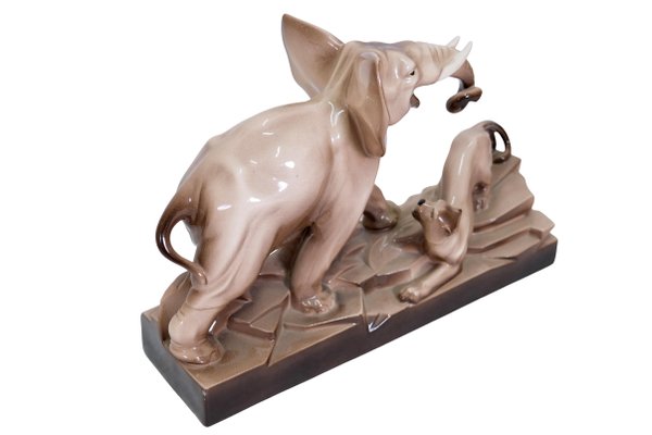 French Artist, Art Deco Elephant and Panther, 1920s, Glazed Ceramic-CXC-1368757