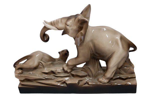 French Artist, Art Deco Elephant and Panther, 1920s, Glazed Ceramic-CXC-1368757