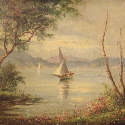 French Artist, Lake with Boats, 1950, Oil on Canvas, Framed-RP-1811718