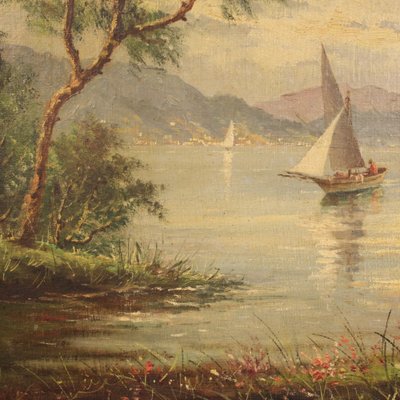 French Artist, Lake with Boats, 1950, Oil on Canvas, Framed-RP-1811718