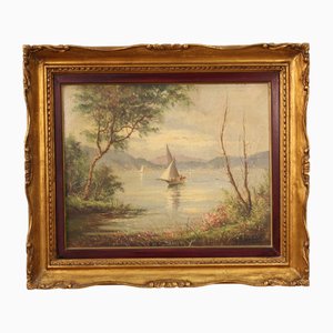 French Artist, Lake with Boats, 1950, Oil on Canvas, Framed-RP-1811718