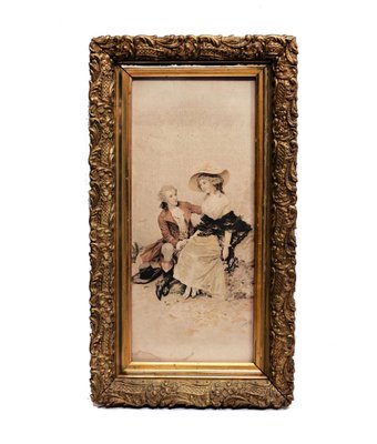 French Artist, Loving Couple, 17th Century, Paint on Textile, Framed-OZS-1396967