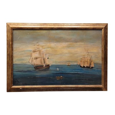 French Artist, Naval Battle, 1800s, Oil on Board, Framed-NUC-1783311