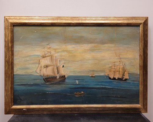 French Artist, Naval Battle, 1800s, Oil on Board, Framed-NUC-1783311