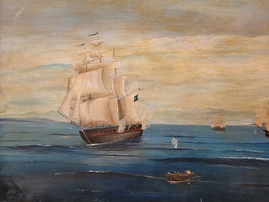 French Artist, Naval Battle, 1800s, Oil on Board, Framed-NUC-1783311