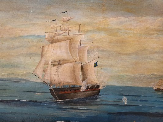 French Artist, Naval Battle, 1800s, Oil on Board, Framed-NUC-1783311