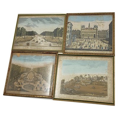 French Artist, Paris and Versailles, 18th Century, Engravings, Framed, Set of 4-UR-1409787