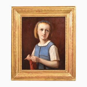 French Artist, Portrait of Girl Sewing, 1860, Oil on Canvas, Framed-YVI-1377362