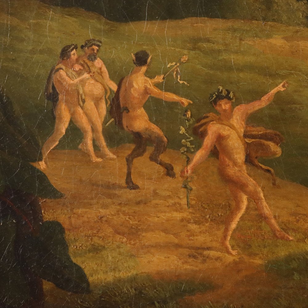 French Artist, Scene of Nymphs and Satyrs at the Bath, Oil on Canvas, 1890s, Framed