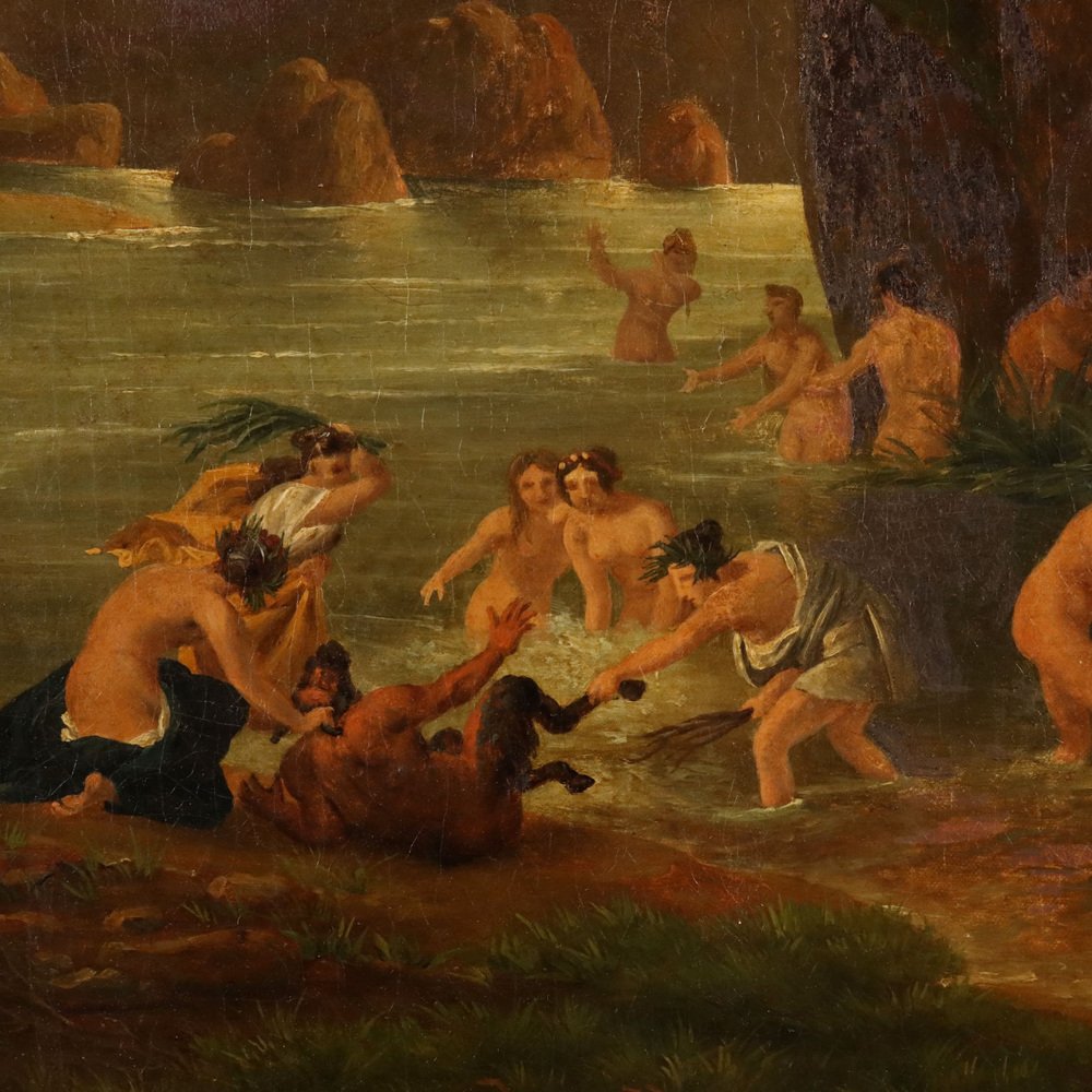 French Artist, Scene of Nymphs and Satyrs at the Bath, Oil on Canvas, 1890s, Framed