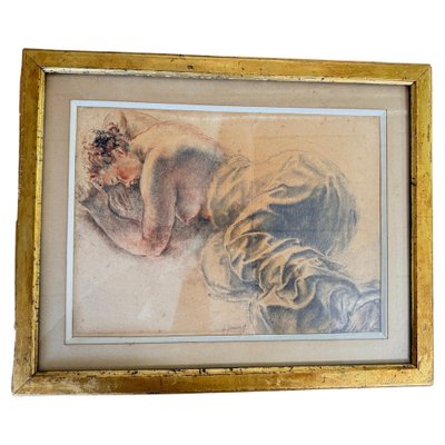 French Artist, Woman on a Bed, 19th Century, Drawing on Paper, Framed-UR-1796812