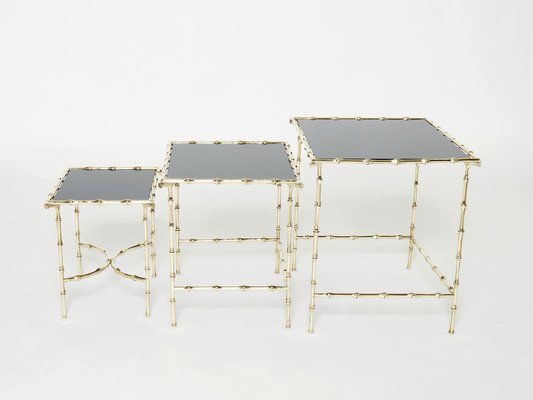 French Bamboo Brass Black Top Nesting Tables from Maison Baguès, 1960s, Set of 3-YJA-1094808