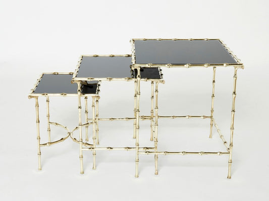 French Bamboo Brass Black Top Nesting Tables from Maison Baguès, 1960s, Set of 3