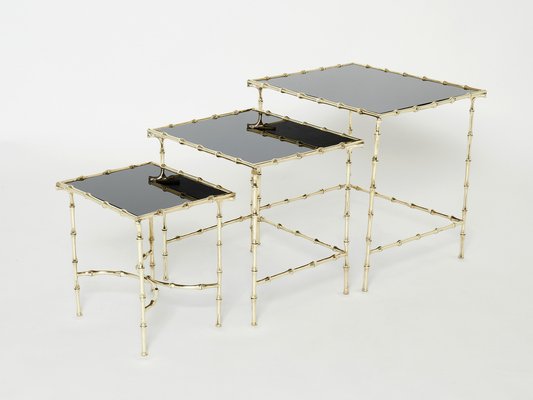 French Bamboo Brass Black Top Nesting Tables from Maison Baguès, 1960s, Set of 3-YJA-1094808