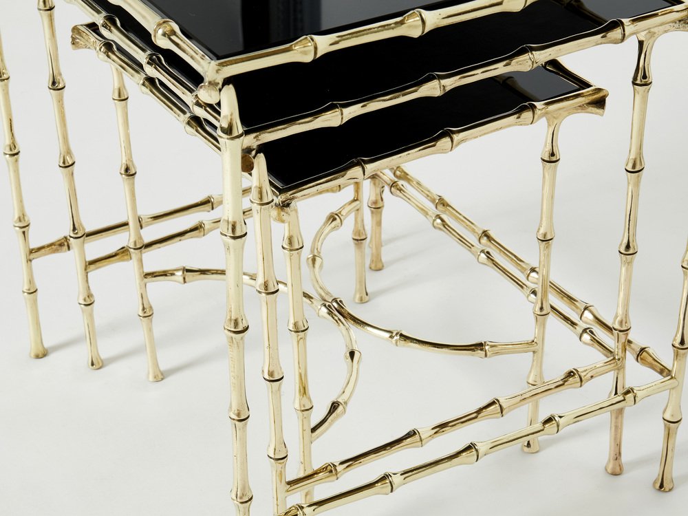 French Bamboo Brass Black Top Nesting Tables from Maison Baguès, 1960s, Set of 3