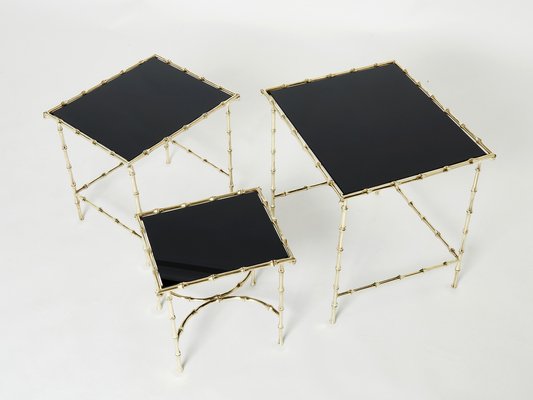 French Bamboo Brass Black Top Nesting Tables from Maison Baguès, 1960s, Set of 3-YJA-1094808