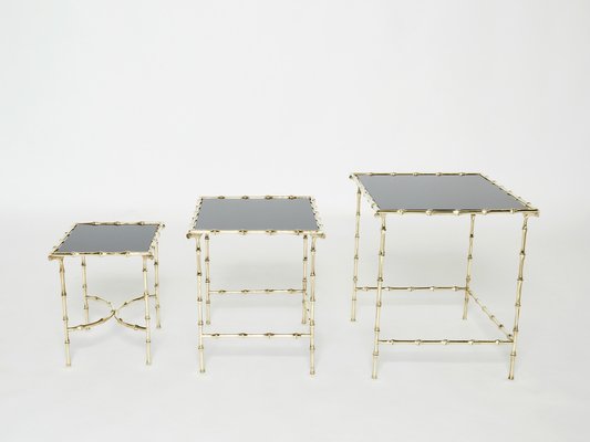 French Bamboo Brass Black Top Nesting Tables from Maison Baguès, 1960s, Set of 3-YJA-1094808