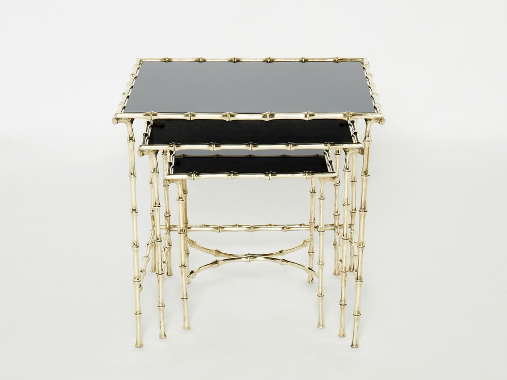 French Bamboo Brass Black Top Nesting Tables from Maison Baguès, 1960s, Set of 3