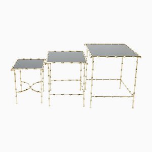 French Bamboo Brass Black Top Nesting Tables from Maison Baguès, 1960s, Set of 3-YJA-1094808