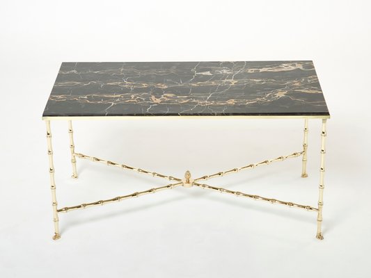 French Bamboo Brass Portor Marble Coffee Table from Maison Jansen, 1960s-YJA-1362115