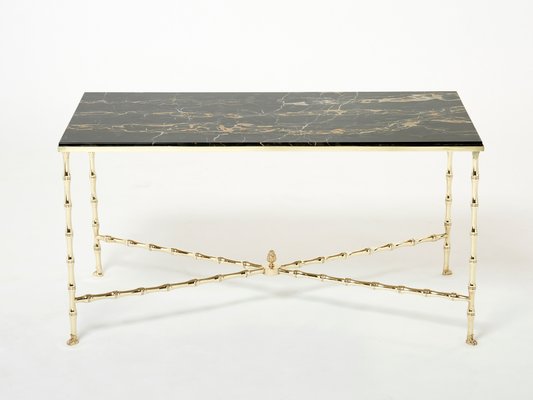 French Bamboo Brass Portor Marble Coffee Table from Maison Jansen, 1960s-YJA-1362115