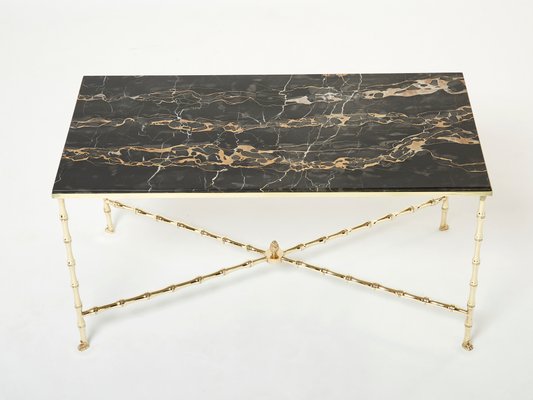 French Bamboo Brass Portor Marble Coffee Table from Maison Jansen, 1960s-YJA-1362115