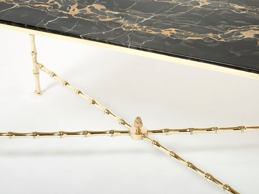 French Bamboo Brass Portor Marble Coffee Table from Maison Jansen, 1960s-YJA-1362115