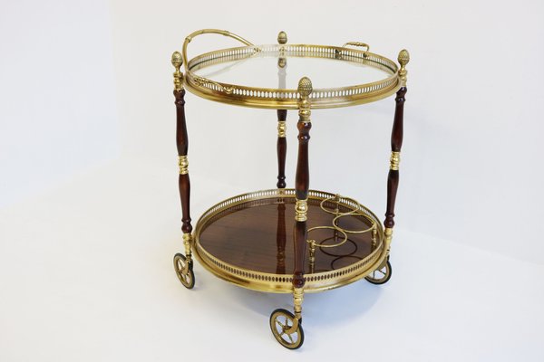 French Bar Cart / Trolley in Brass, Glass & Wood by Maison Jansen for Maison Jansen, 1950-WIP-2041069