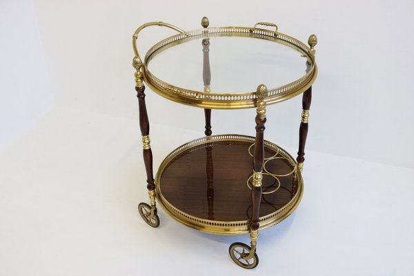 French Bar Cart / Trolley in Brass, Glass & Wood by Maison Jansen for Maison Jansen, 1950-WIP-2041069