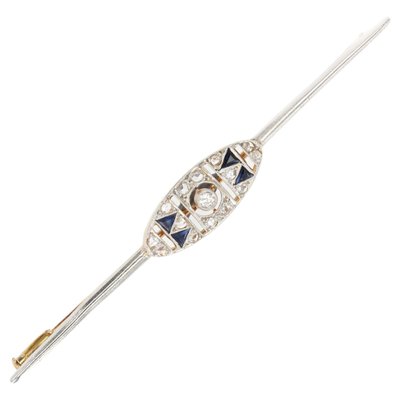 French Barrette Brooch in 18K Yellow White Gold with Sapphire and Diamonds, 1925s-OLU-1254978