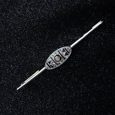 French Barrette Brooch in 18K Yellow White Gold with Sapphire and Diamonds, 1925s-OLU-1254978