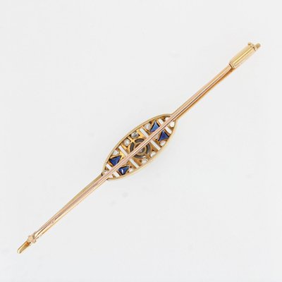 French Barrette Brooch in 18K Yellow White Gold with Sapphire and Diamonds, 1925s-OLU-1254978