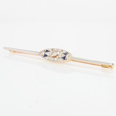 French Barrette Brooch in 18K Yellow White Gold with Sapphire and Diamonds, 1925s-OLU-1254978