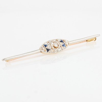 French Barrette Brooch in 18K Yellow White Gold with Sapphire and Diamonds, 1925s-OLU-1254978