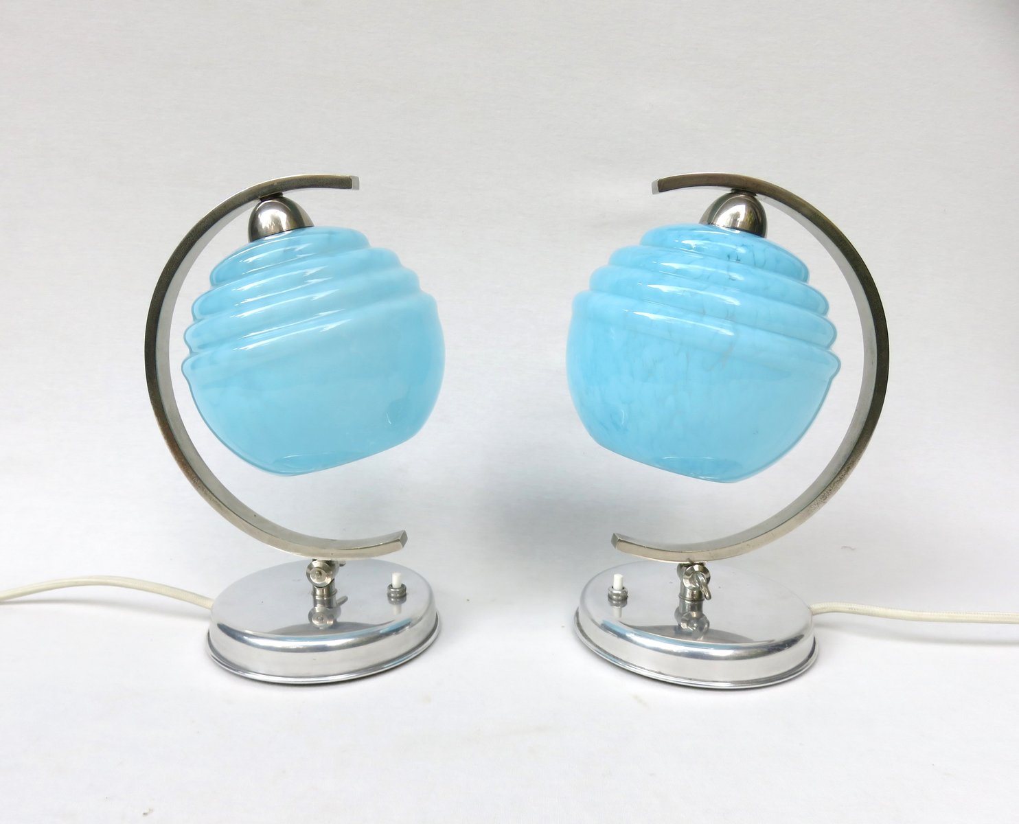 French Bedside Lights, Art Deco, Umbrellas Flamed Light Blue, 1920s, Set of 2