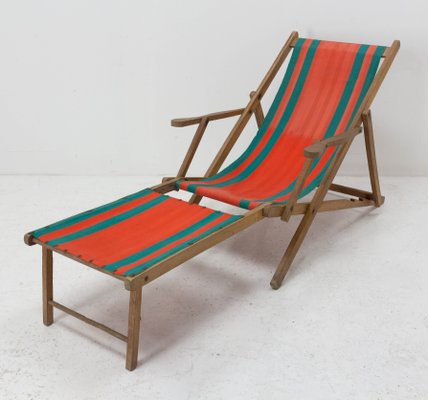 French Beech & Fabric Folding Deck Chair-RIU-1215343