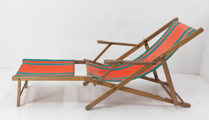 French Beech & Fabric Folding Deck Chair-RIU-1215343